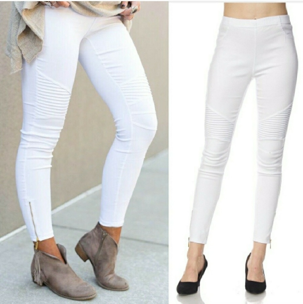 White Moto Legging Pants W/Ankle Zip - Picture 2 of 4